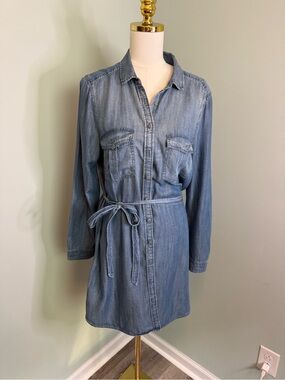 American Eagle Blue Denim Shirt Dress Long Sleeve‎ Tie Waist Chambray Mini L